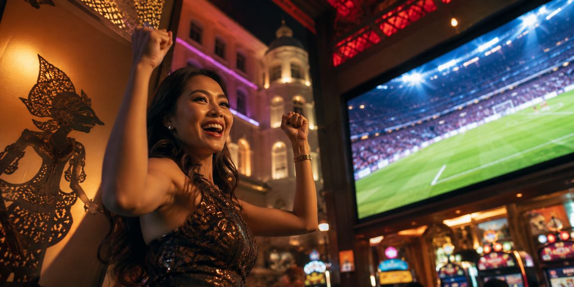 Suasana taruhan casino dengan lampu neon berwarna-warni malam hari