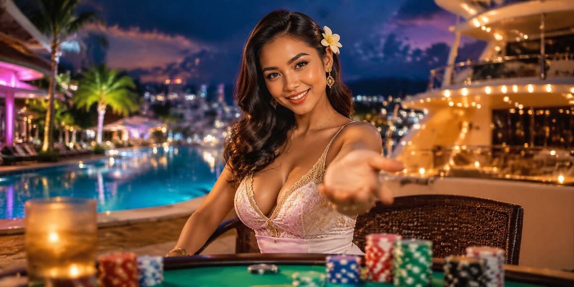 Permainan kartu kasino dengan cahaya neon malam yang meriah